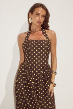 Load image into Gallery viewer, Sammi Halter Midi Dress Choc Lemon Polka