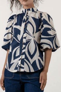 Navy Leaf Print Blouse