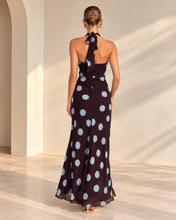Load image into Gallery viewer, Nara Halter Maxi Dress Wine Blue Polka
