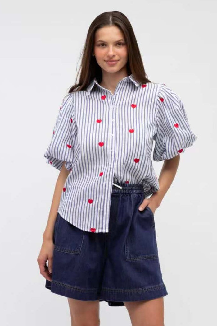 Heart Embroidery Cotton Top Blue Stripe