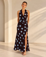 Load image into Gallery viewer, Nara Halter Maxi Dress Wine Blue Polka
