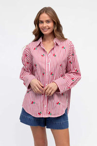 Cherry Embroidery Cotton Shirt Red Stripe