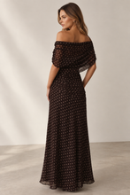 Load image into Gallery viewer, Naomi Drop Shoulder Maxi Dress Choc Polka Dot
