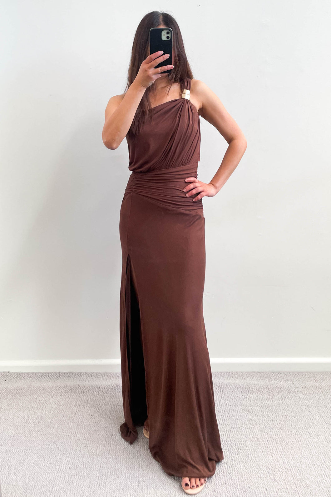 Tallow One Shoulder Maxi Dress Choc