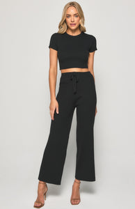 Ribbed Wide Leg Knit Pants Black