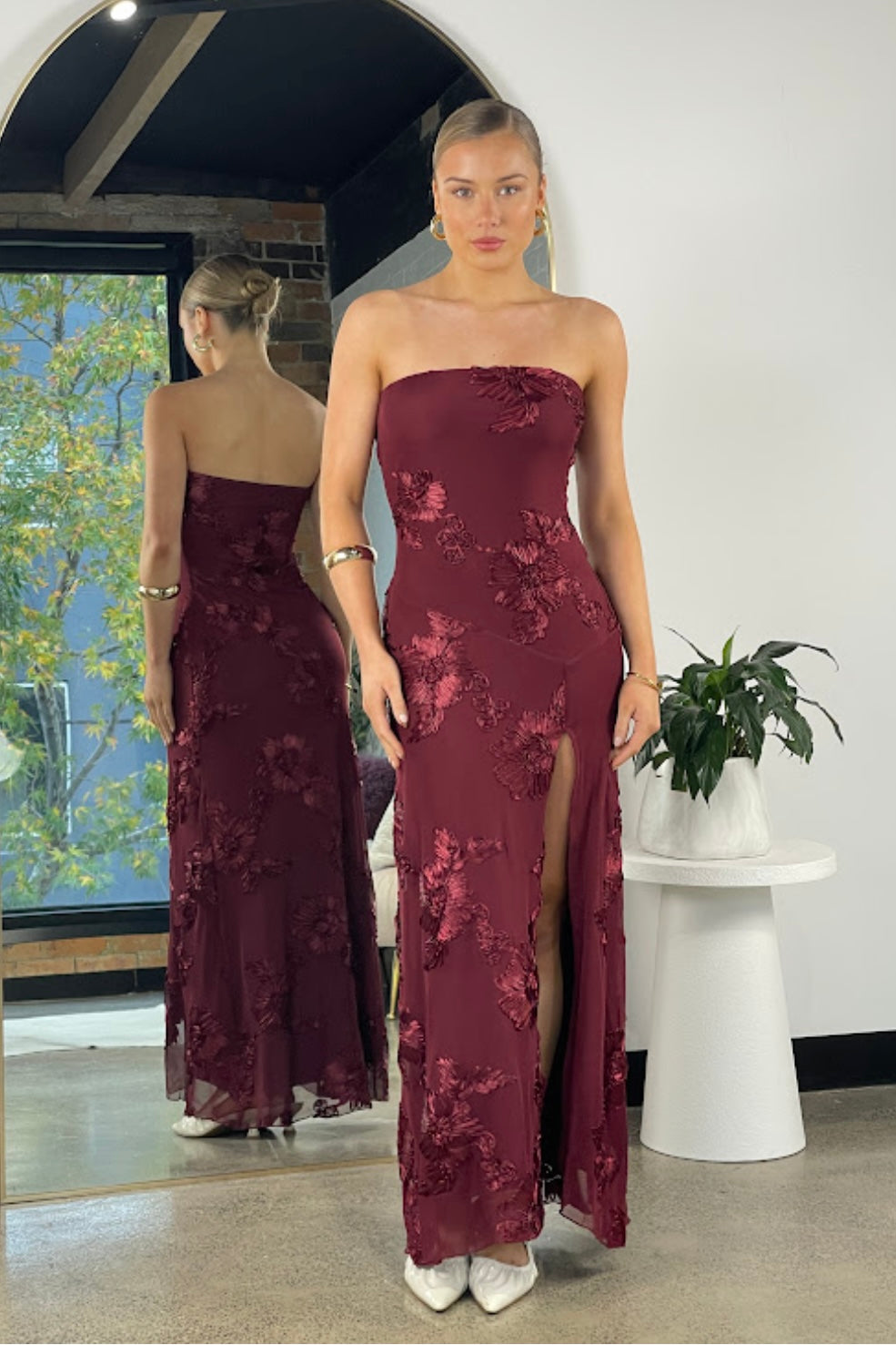 Alessia Embroidered Maxi Dress Burgundy