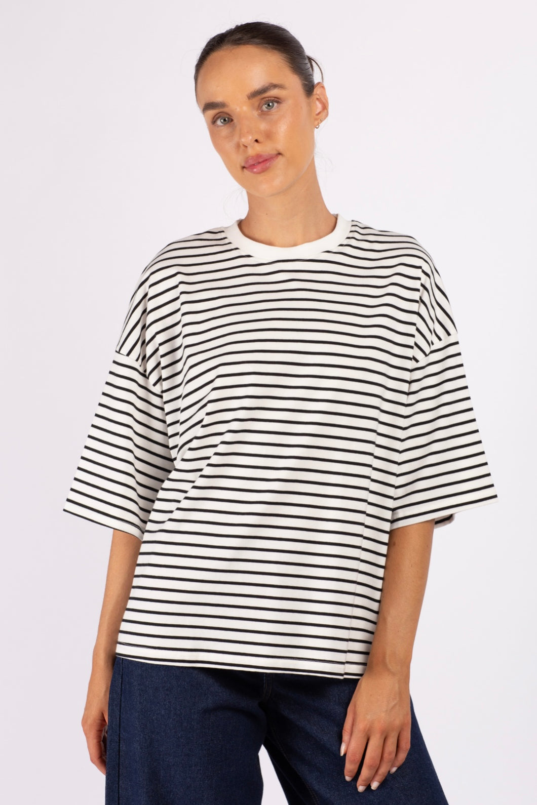 Zarra Striped Boyfriend Tee Black White