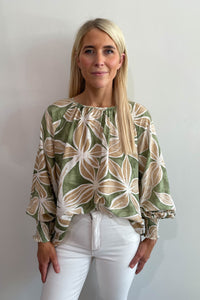 Leaf Print Blouse Green Beige