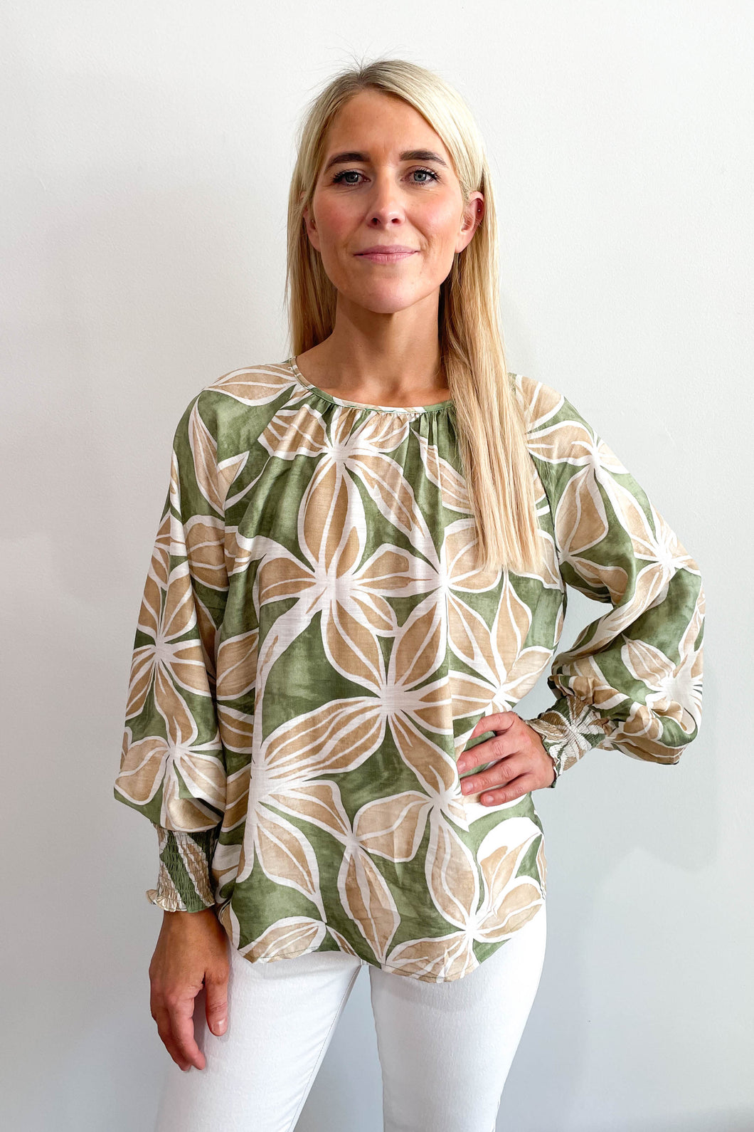 Leaf Print Blouse Green Beige