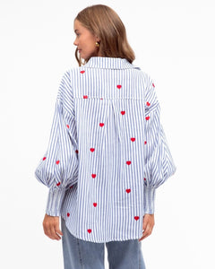 Heart Embroidery Cotton Shirt Blue Stripe