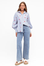 Load image into Gallery viewer, Heart Embroidery Cotton Shirt Blue Stripe
