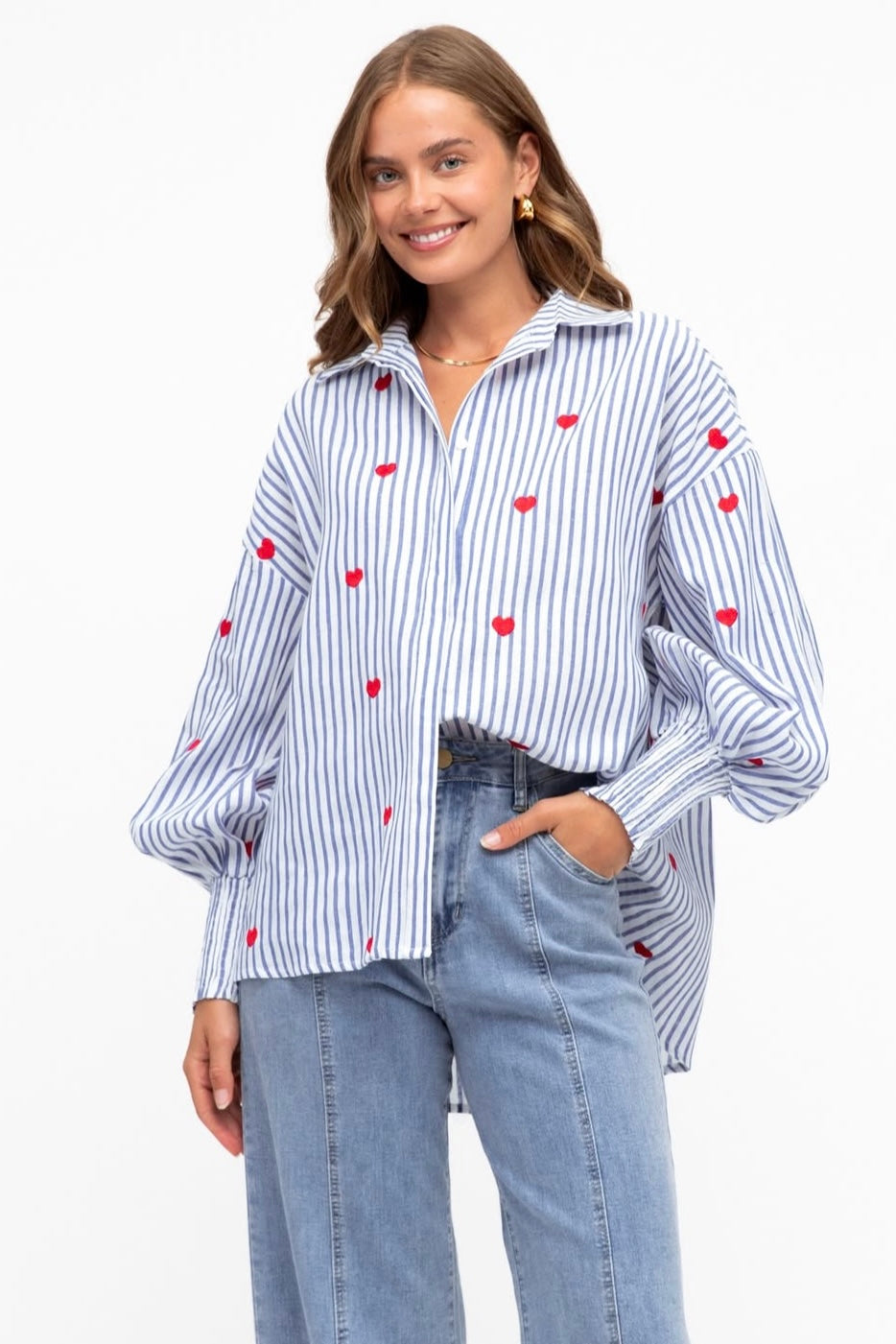 Heart Embroidery Cotton Shirt Blue Stripe
