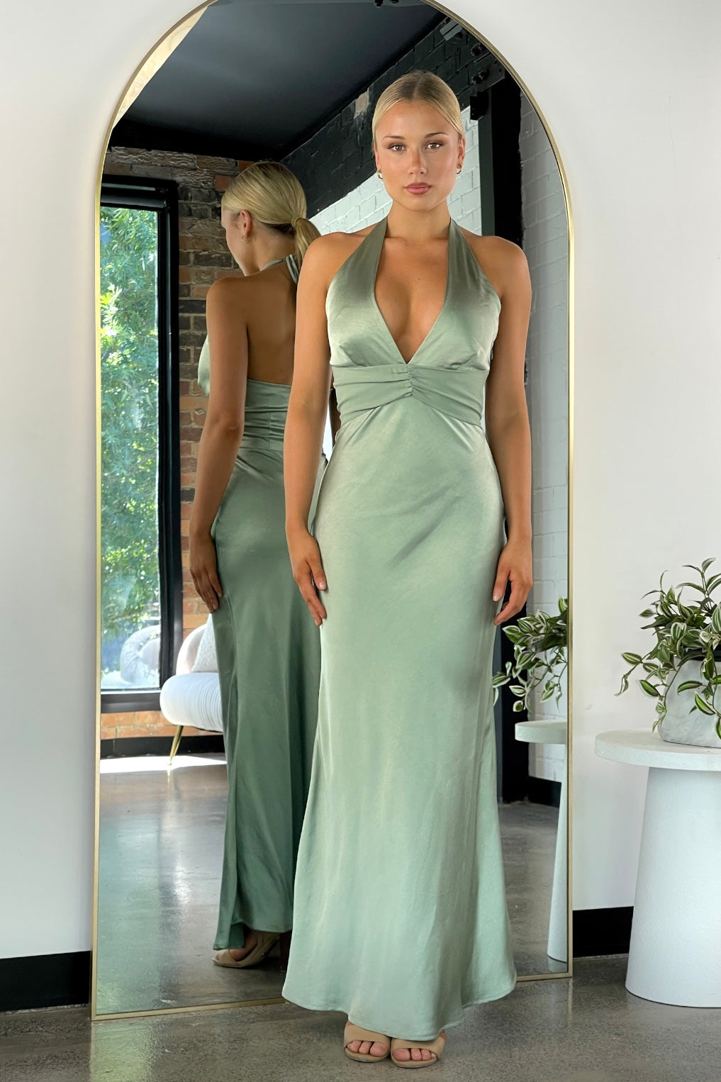 Joplin Satin Halter Maxi Dress Sage