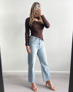 Chels Asymmetric Cut Out Knit Top Brown