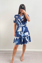 Load image into Gallery viewer, Cabos Blue Abstract Belted Mini Dress
