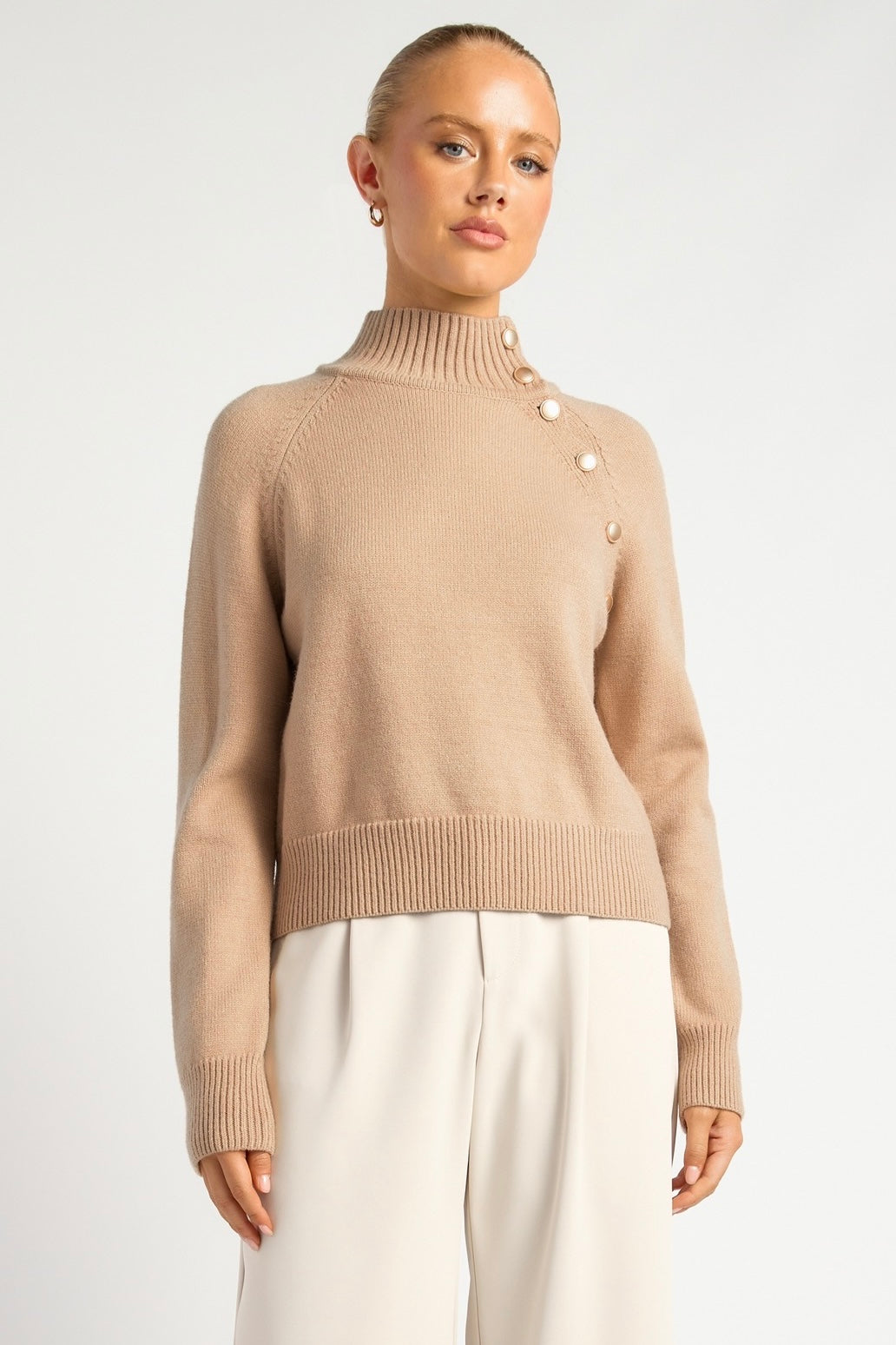 Gold Button Neckline Knit Jumper Latte