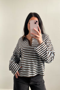 Nadine Stripe Cotton Long Sleeve Polo Grey Blue