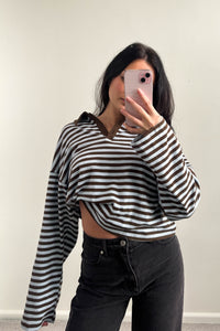 Nadine Stripe Cotton Long Sleeve Polo Grey Blue