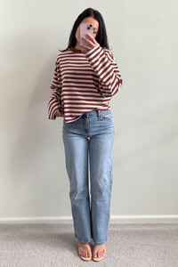 Niko Stripe Cotton Long Sleeve Top Pink Brown