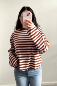 Niko Stripe Cotton Long Sleeve Top Pink Brown