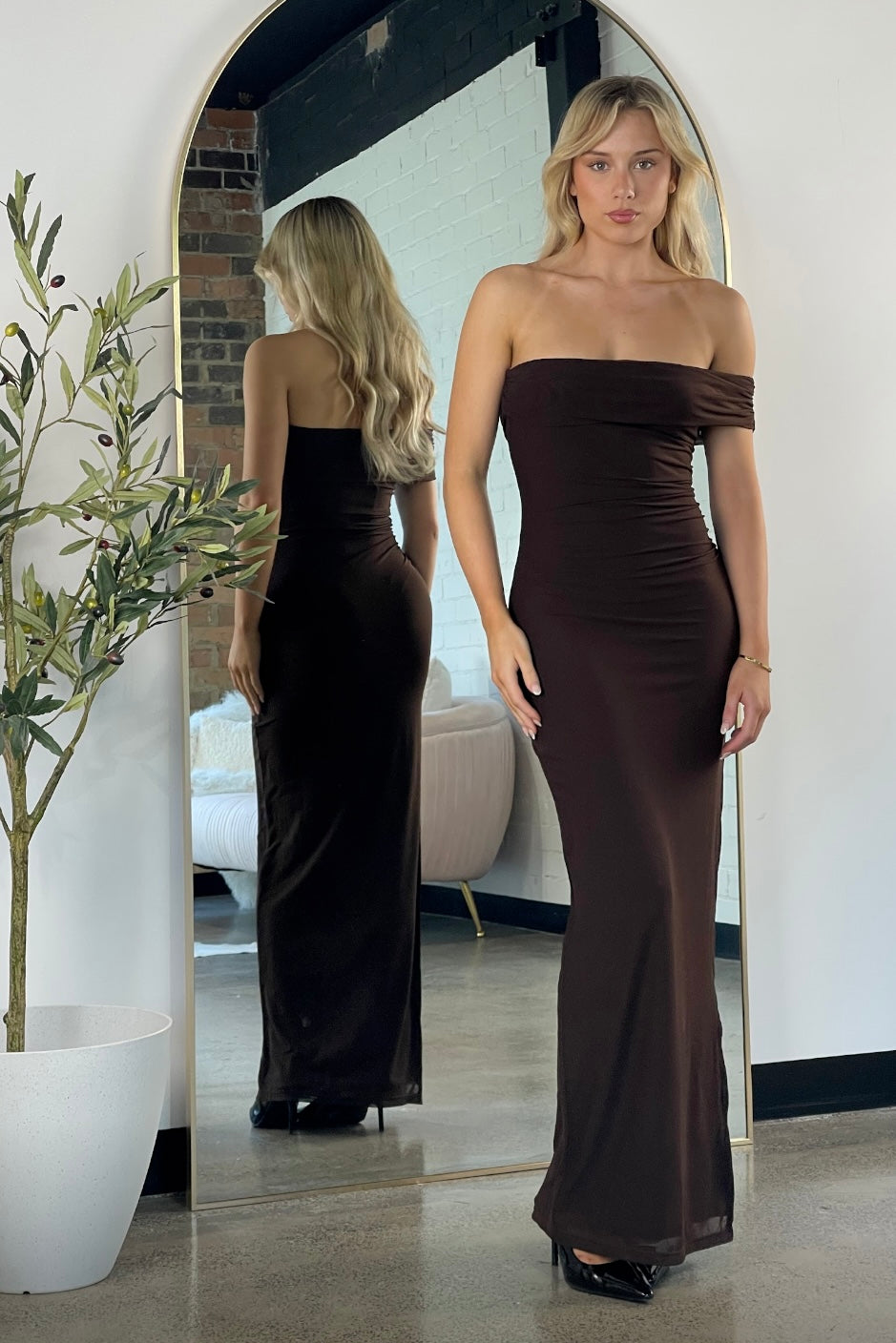 Polly One Shoulder Mesh Maxi Dress Brown