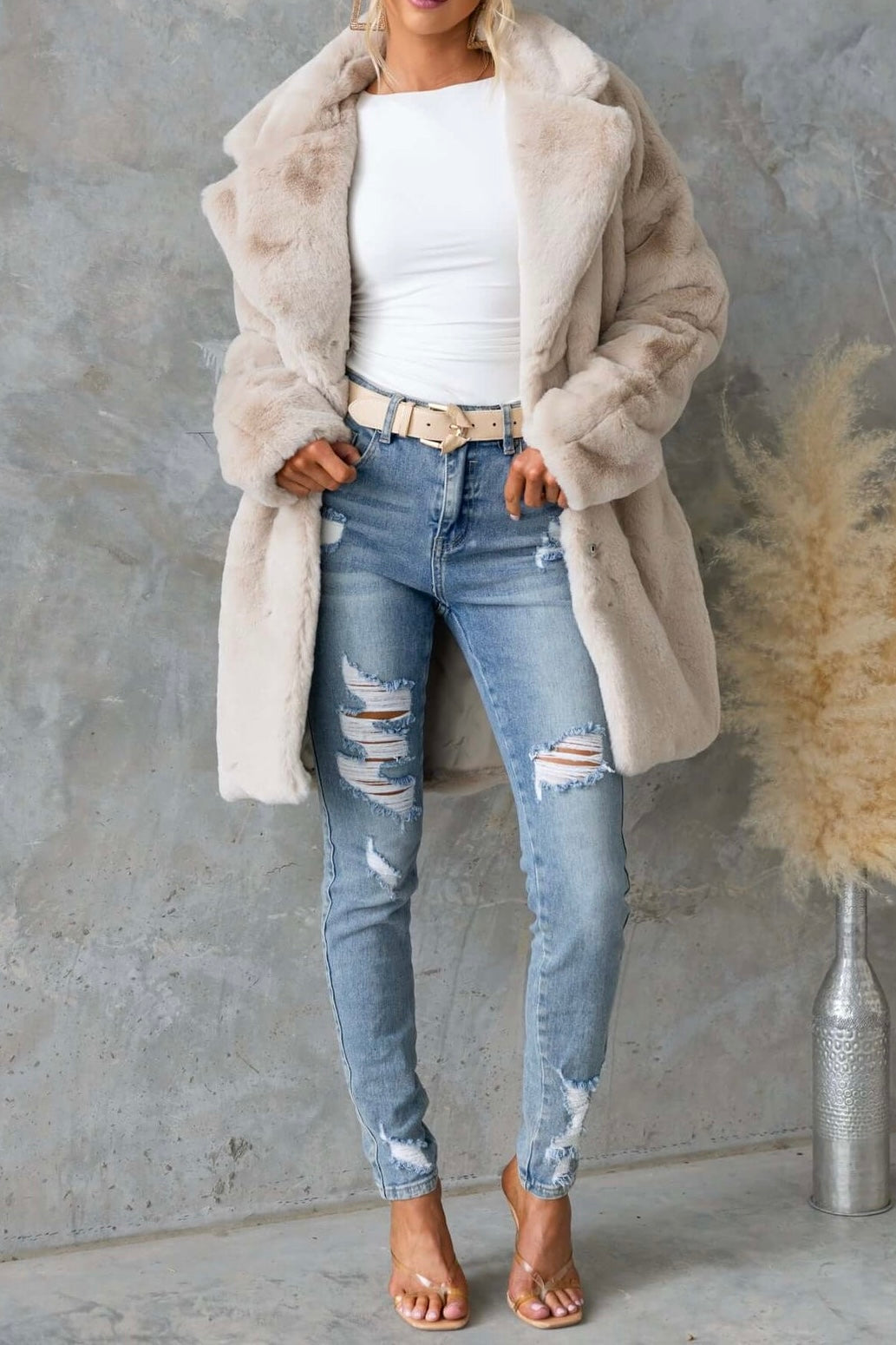 Fang Faux Fur Long Line Coat Beige