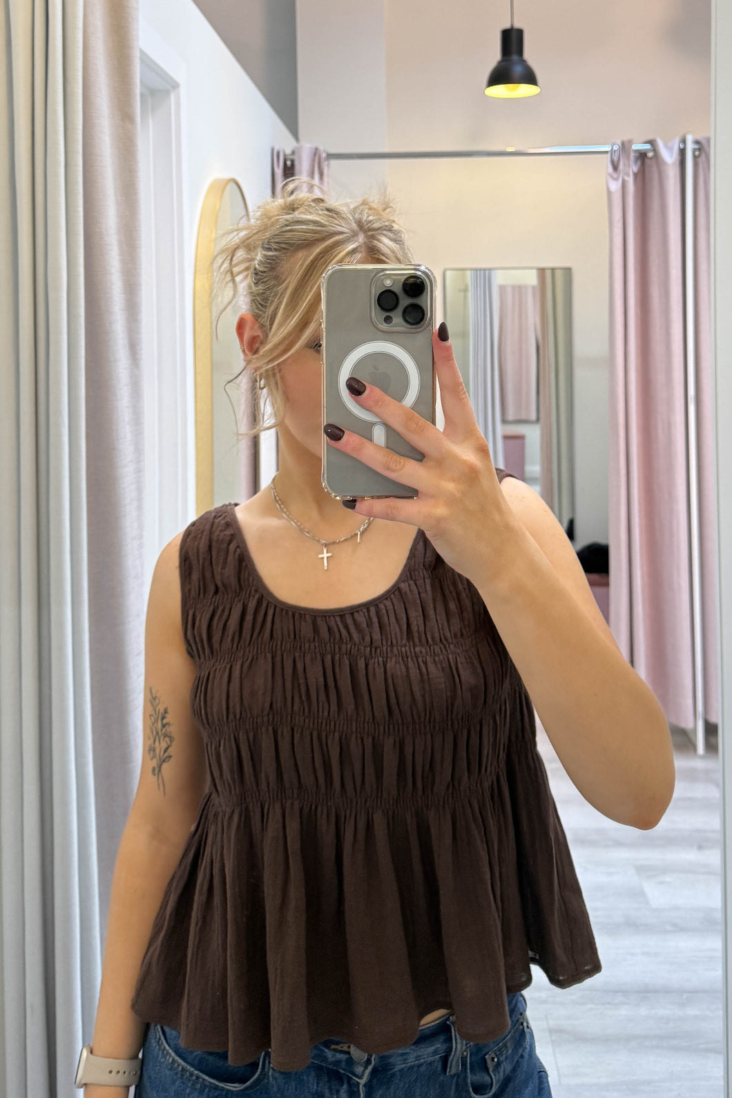 Chiara Shirred Cotton Top Chocolate