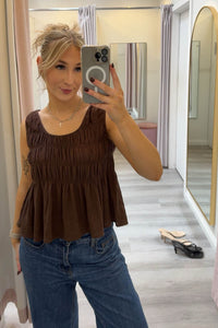 Chiara Shirred Cotton Top Chocolate