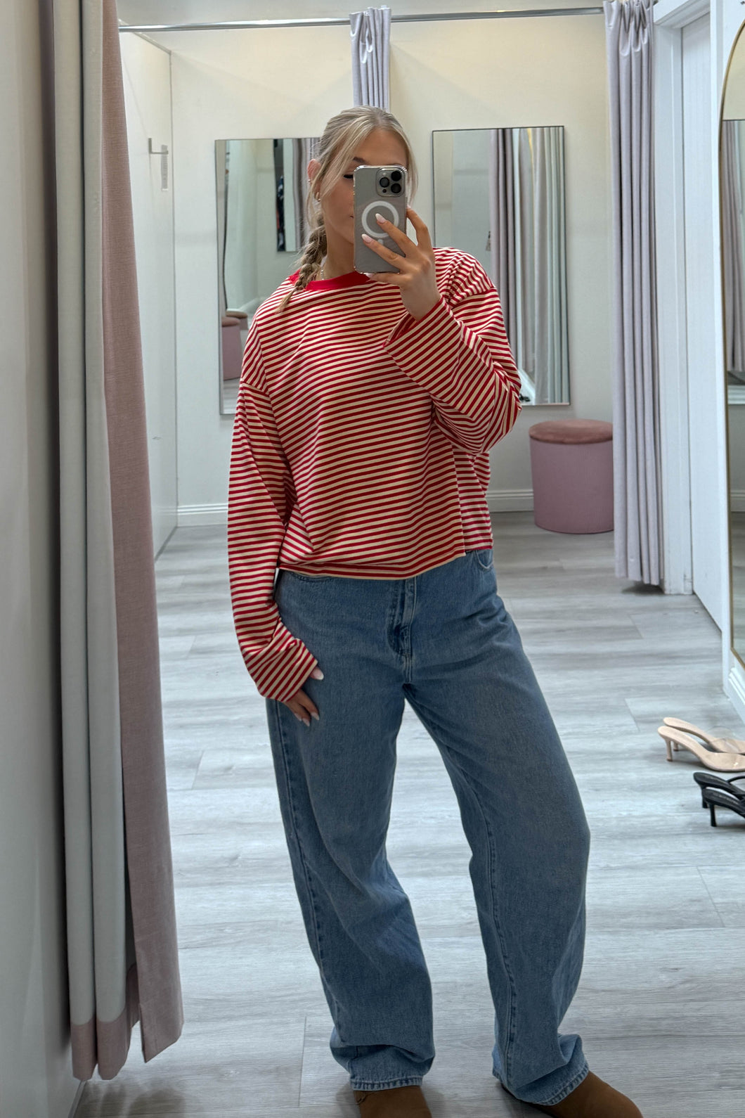 Lauren Striped Long Sleeve Tee Beige Red