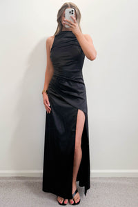 Arielle High Neck Satin Maxi Dress Black