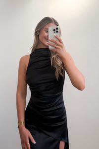 Arielle High Neck Satin Maxi Dress Black
