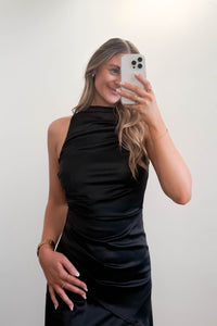 Arielle High Neck Satin Maxi Dress Black