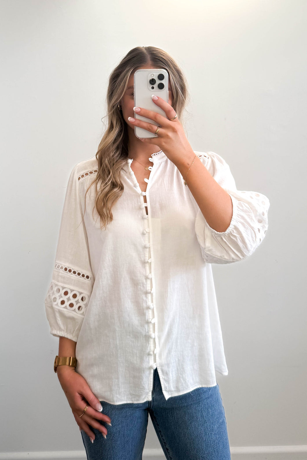 Kaye Embroidered Linen Blend Top White