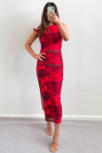 Load image into Gallery viewer, Twist Shoulder Mesh Dress Red Floral
