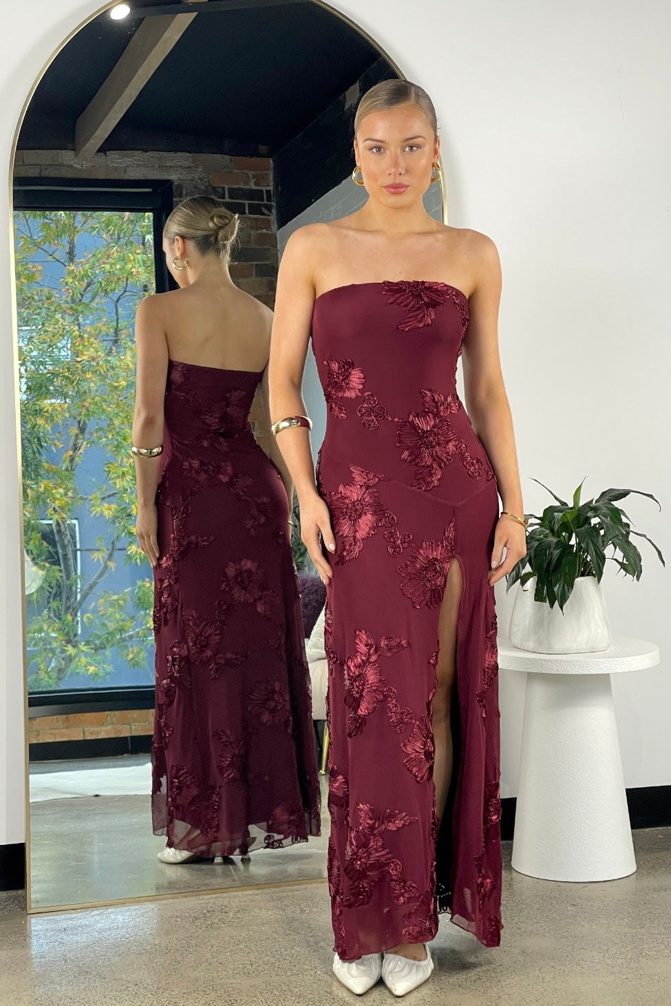 Alessia Embroidered Maxi Dress Burgundy