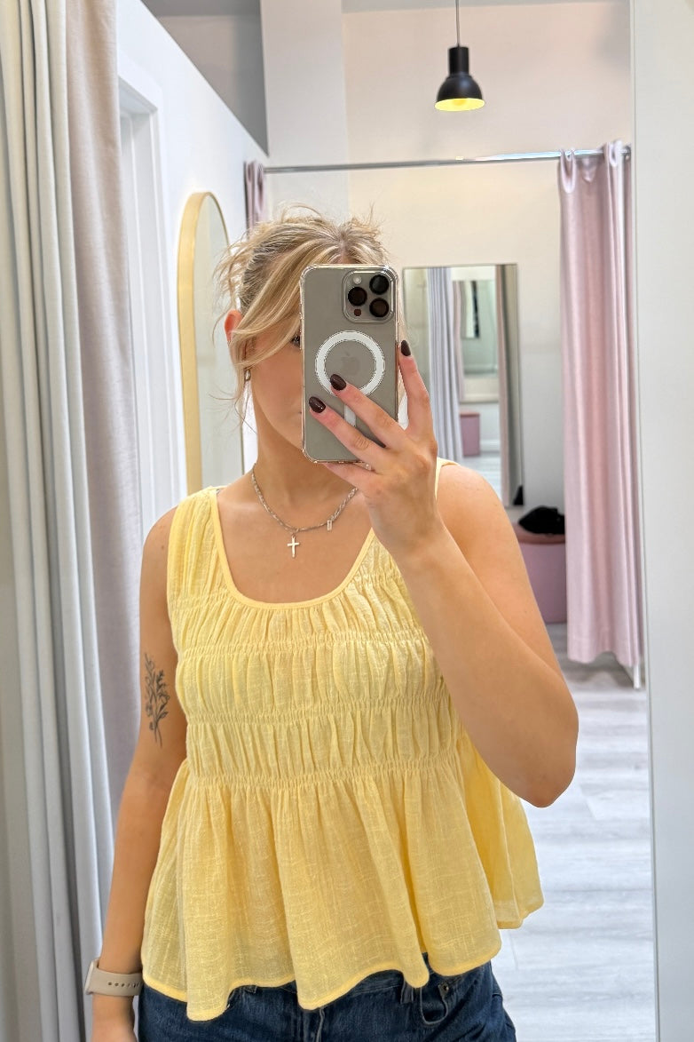 Chiara Shirred Cotton Top Lemon