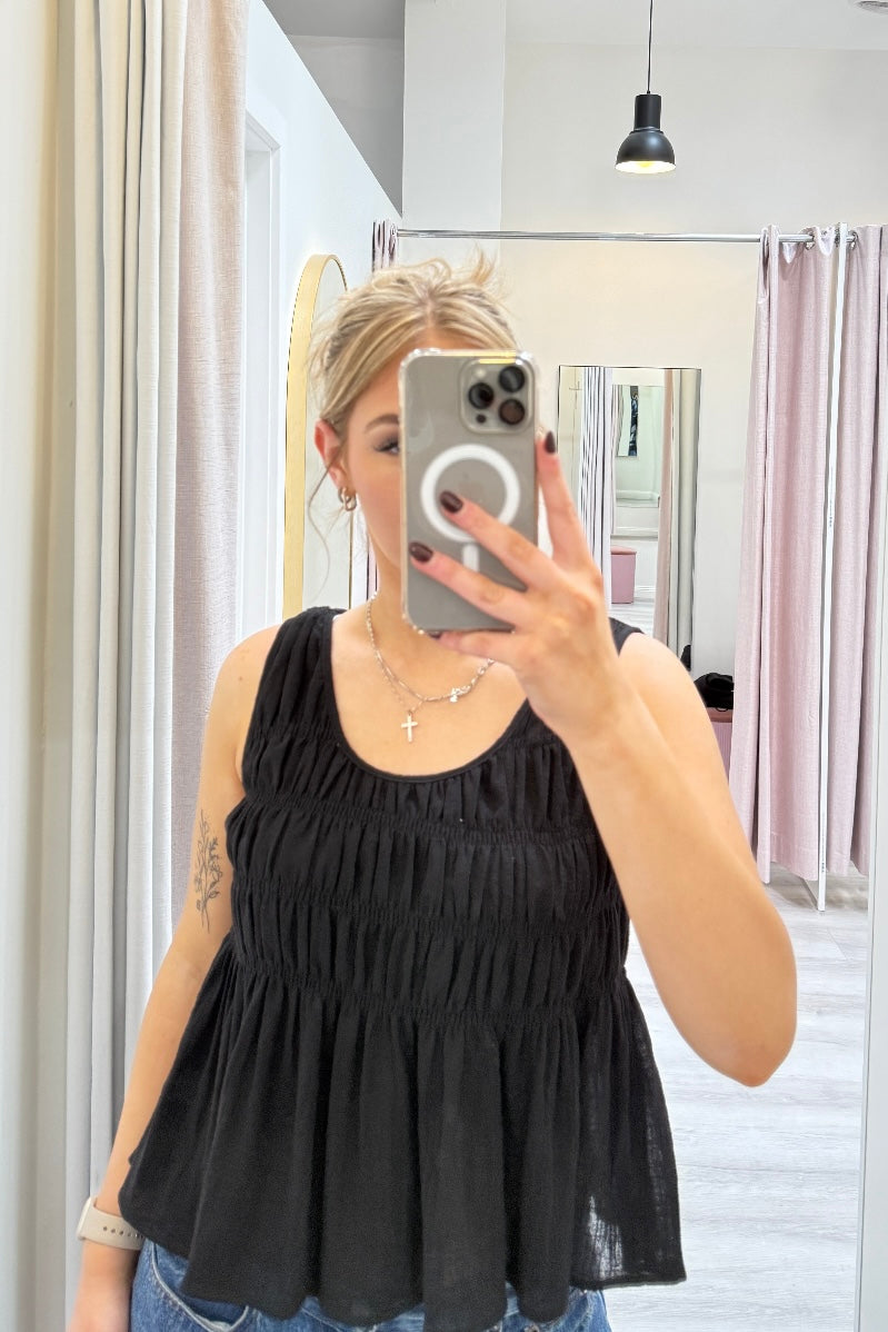 Chiara Shirred Cotton Top Black