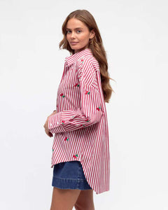 Cherry Embroidery Cotton Shirt Red Stripe