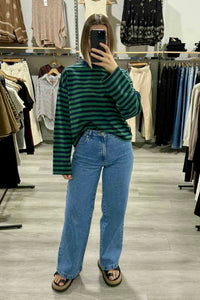 Niko Stripe Cotton Long Sleeve Top Navy Green