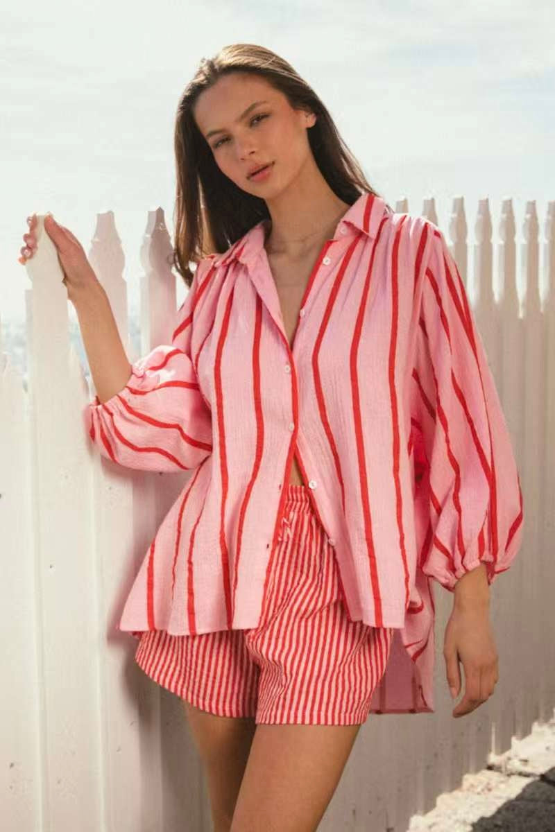 Pin Stripe Cotton Shirt Pink Red Ebby & I