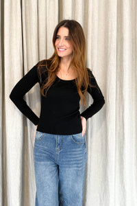 Rib Scoop Neck Knit Black