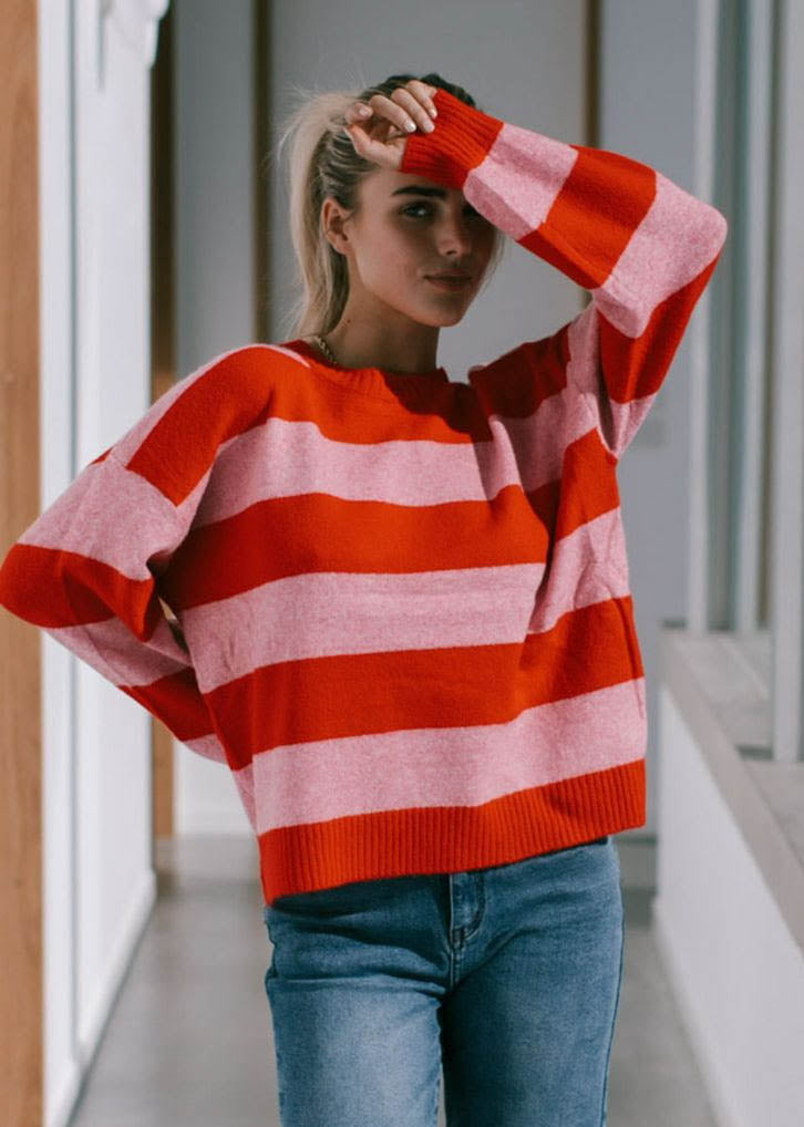 Brady Bunch Stripe Knit Red Pink